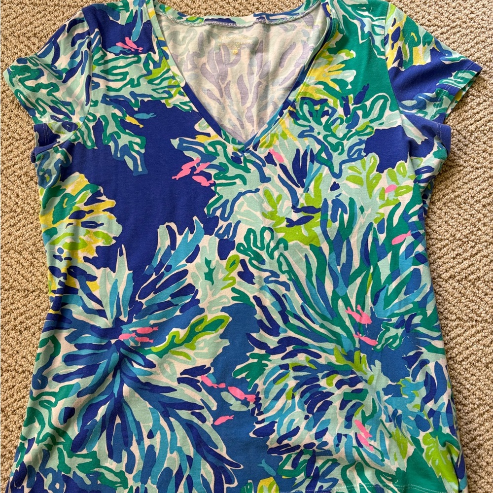 Lilly Pulitzer Tropical Print V-Neck Top - Blue and Green